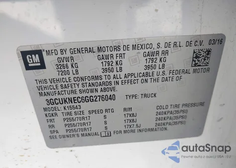 2016 Chevrolet Silverado 1500 Wt z USA, uszkodzony, nr VIN 3GCUKNEC6GG276040